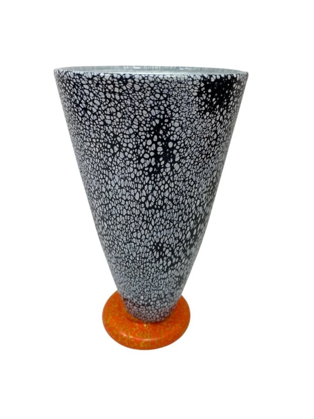 Black & White Spotted Glass Vase Orange Base 12 Inches Tall Unique Cracked Desig